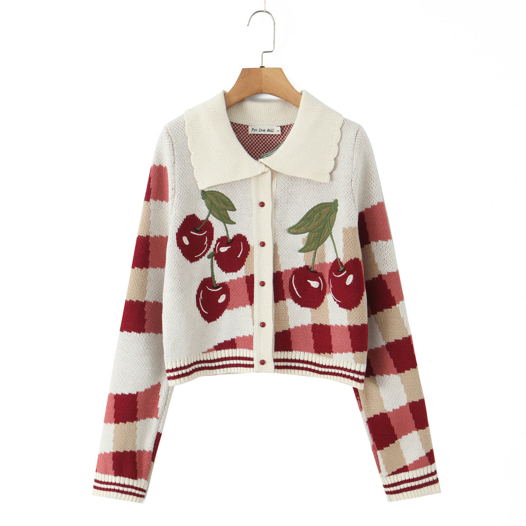 Ladies cheerful Cropped knitted jacket with cherry blossom floral pattern Lune London