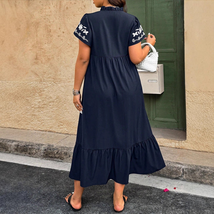 Maxi dress for women with embroidered floral design and voluminous skirt Lune London