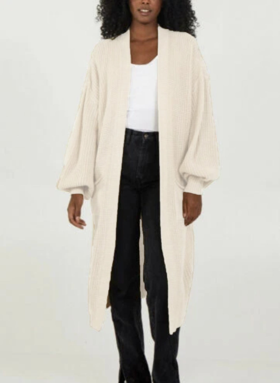 Ladies Long knitted cardigan with airy sleeves and an open front Lune London
