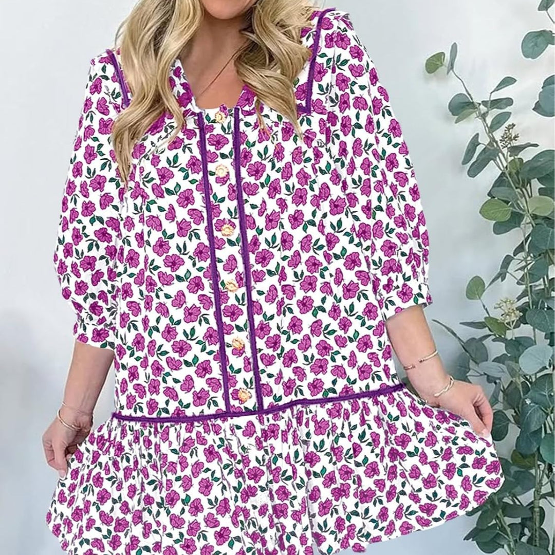 Floral short sleeve dress for women with spacious pockets and romantic collar Lune London