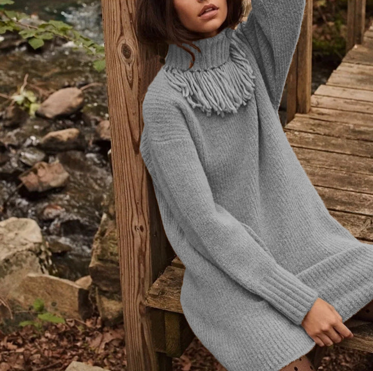 Knitted dress for women with decorative fringe trim and high turtleneck Lune Londonl