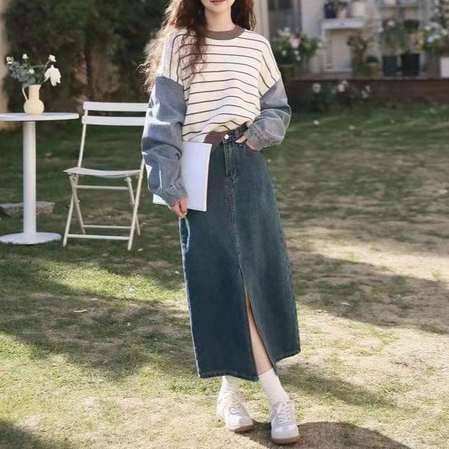 Pull à la mode pour femmes avec manches en denim Chic & Stil