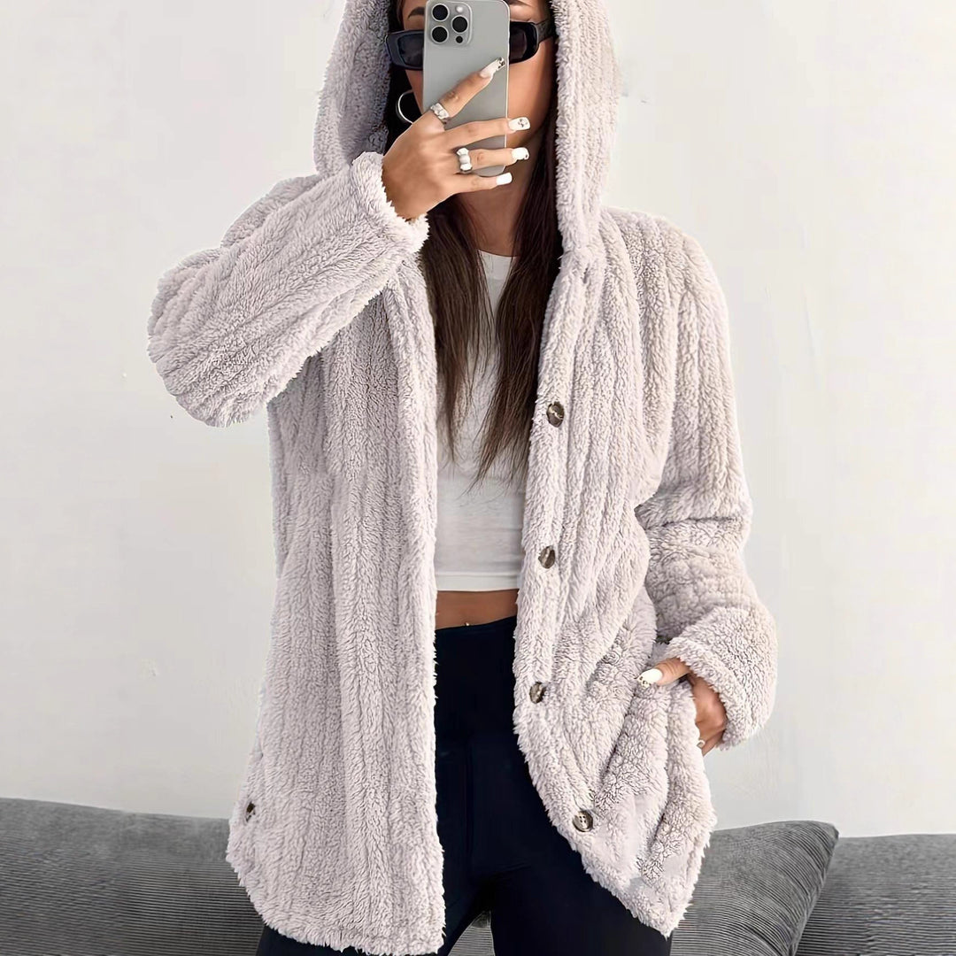 Fleece jacket for women with hood and buttoned design Lune London