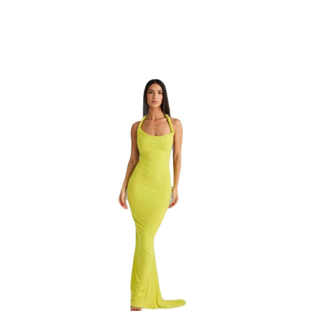 Women figure-hugging evening dress with elegant halter design and swinging hem Lune London