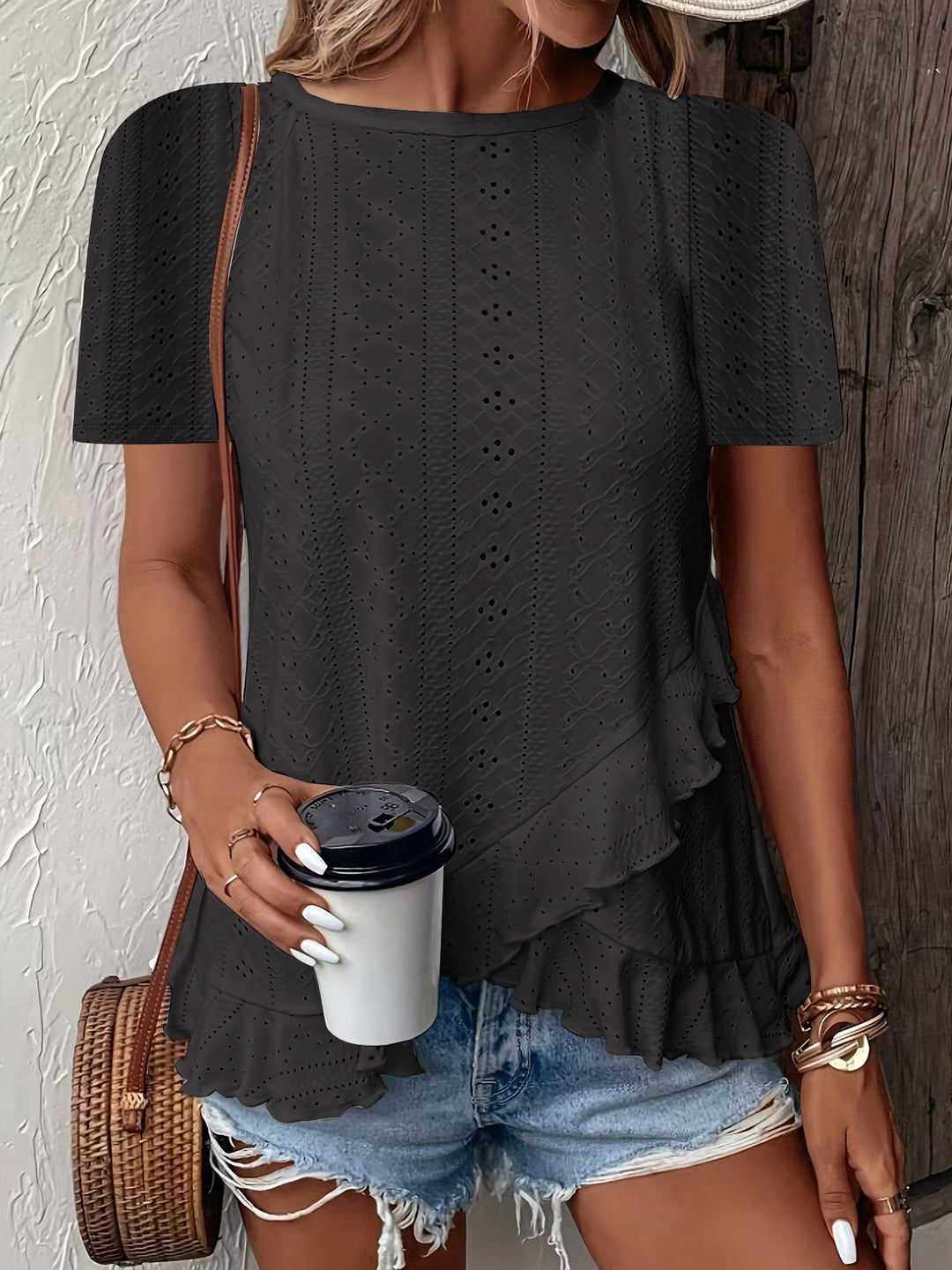 Blouse for women with ruffle details and a floral insert Lune London