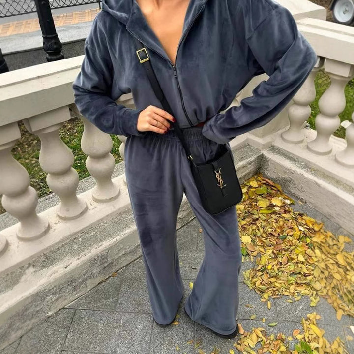 Ladies soft velvet hooded jumpsuit Lune London