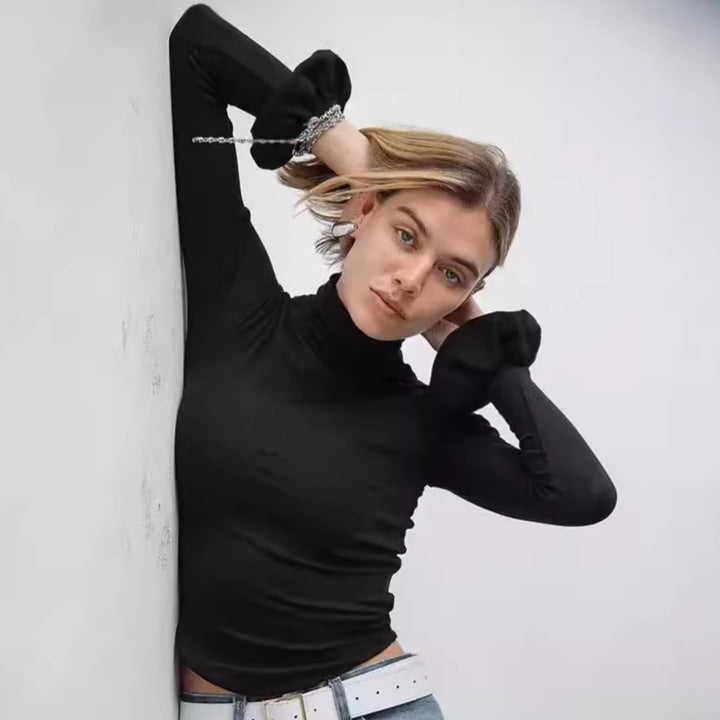 Ladies Elegant Long Sleeve Top with High Collar and Ruffled Details Chic and Style