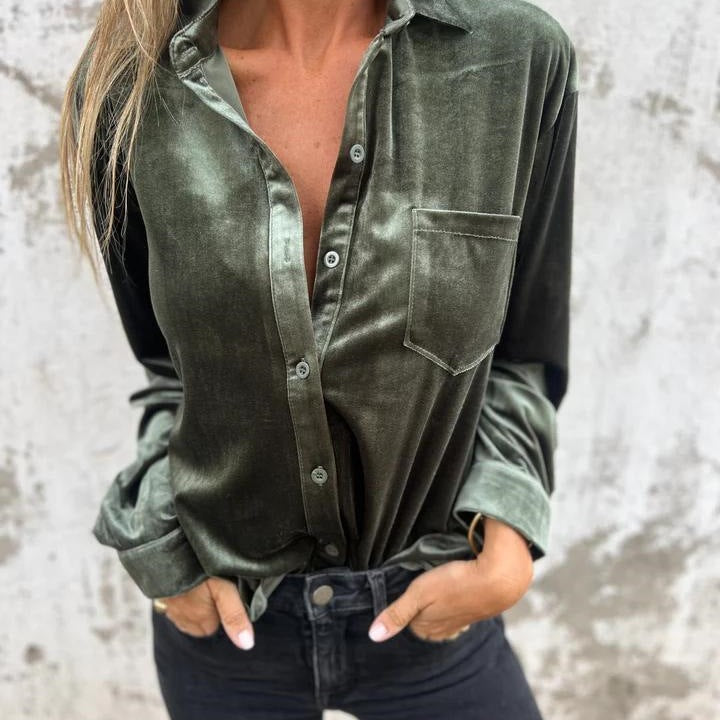 Elegant satin blouse for women with classic collar and chest pocket Lune London