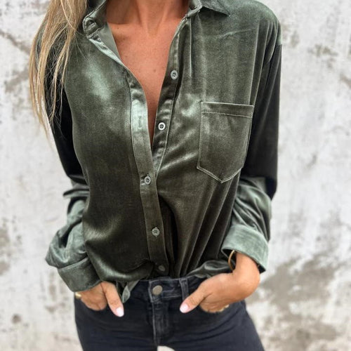 Elegant satin blouse for women with classic collar and chest pocket Lune London