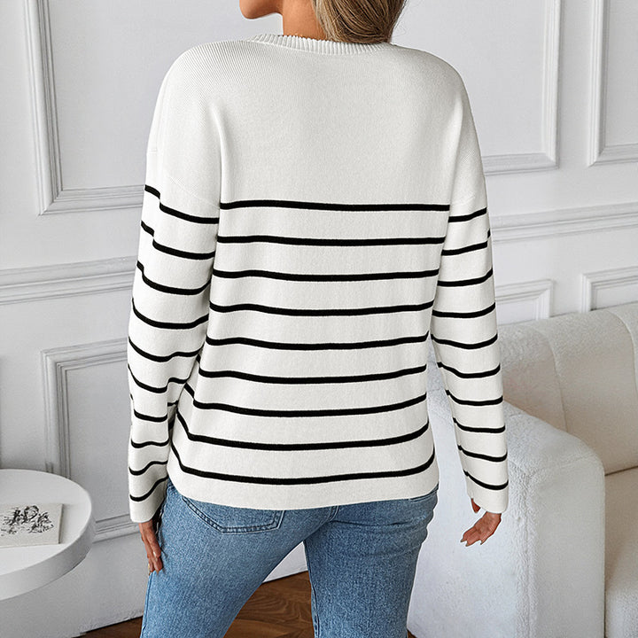 Knitted sweater for women with V-neck and trendy striped pattern Lune London
