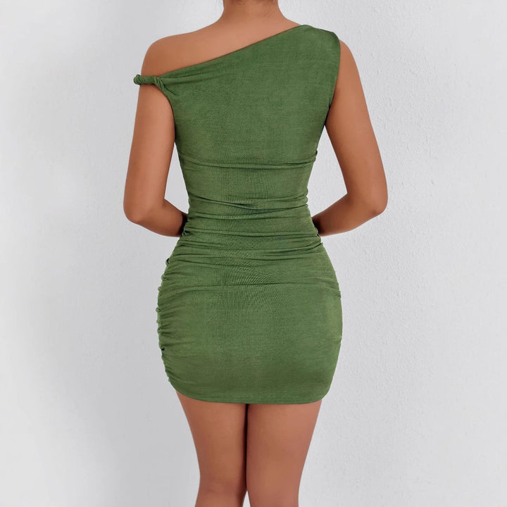 Women's gathered mini dress with asymmetrical neckline and figure-hugging fit Lune London