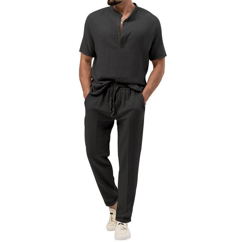Men's short sleeve shirt fashion with Henley collar and casual jogger pants Lune London