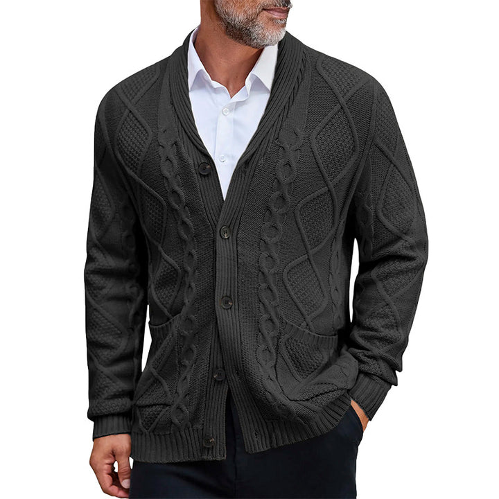 Men's chunky knit jacket with an elegant cable pattern and practical pockets Lune London