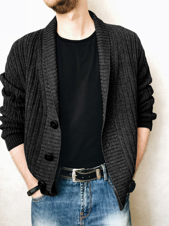 Men's knit jacket with fashionable shawl collar and practical buttons Lune London