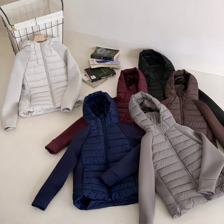 Ladies innovative hybrid jacket with high collar and detachable hood Lune London