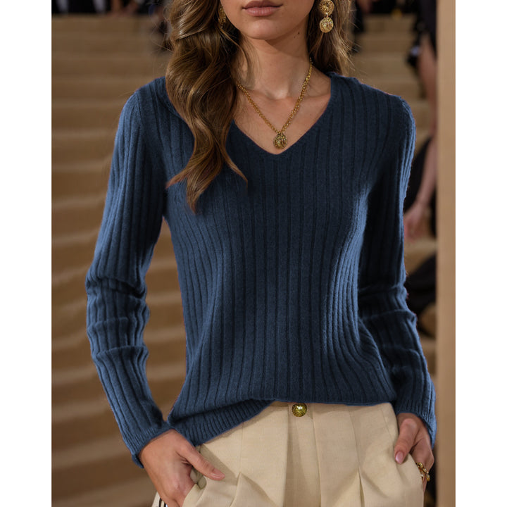 Knit sweater for women with V-neck and fine rib design Lune London