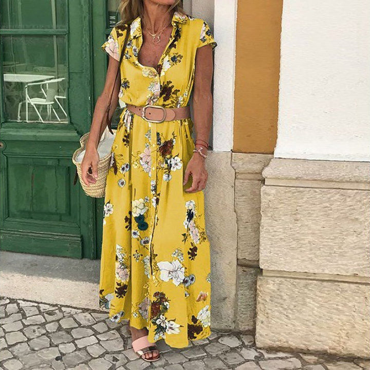 Maxi dress for women with floral pattern and elegant waist belt Lune London