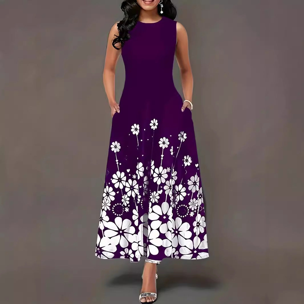 Maxi dress for women with floral accents and side pockets