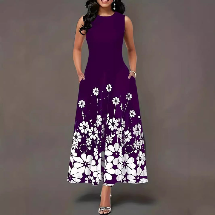 Maxi dress for women with floral accents and side pockets