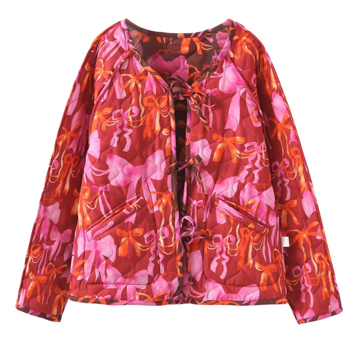 Transitional jacket for women, quilted and with a colorful bow pattern Lune London