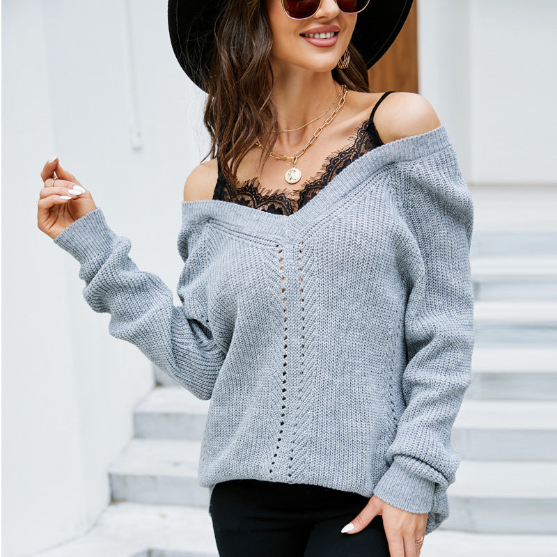 Casual knit sweater for women with a deep V-neckline and off-the-shoulder Lune London