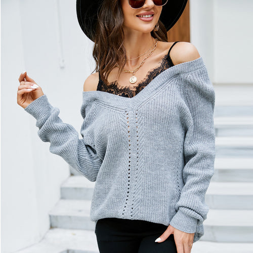 Casual knit sweater for women with a deep V-neckline and off-the-shoulder Lune London