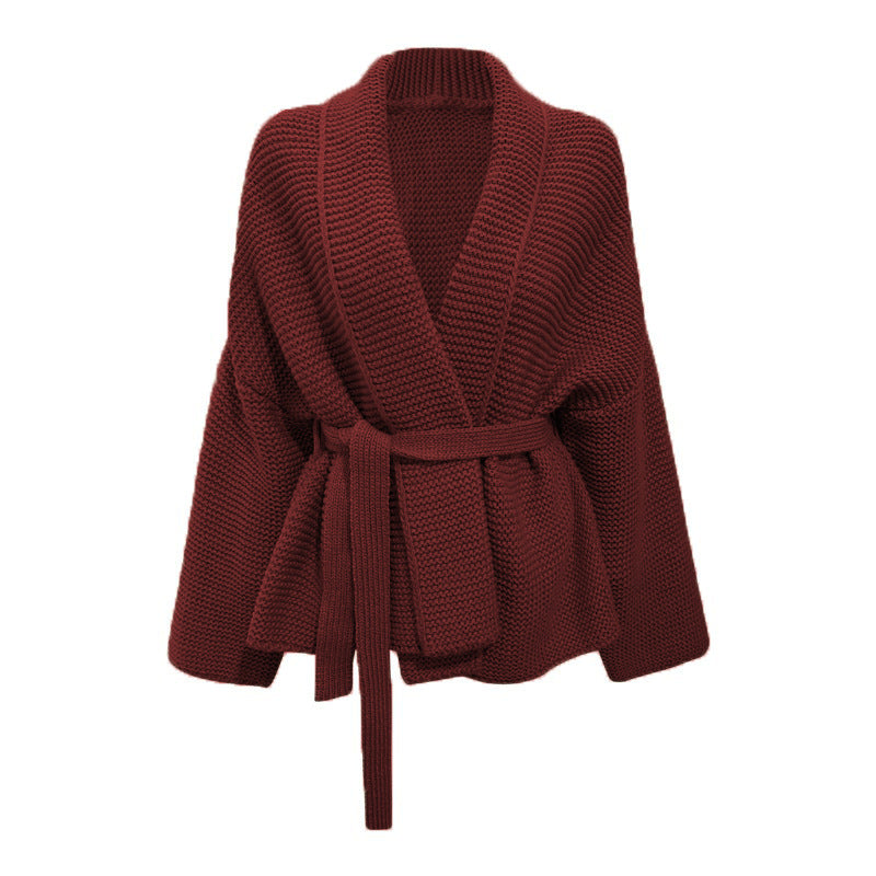 Women's chunky knit cardigan with wide shawl collar and tieable belt Lune Londonl