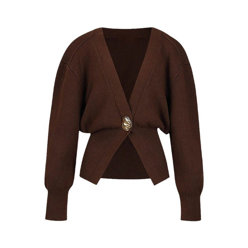 Elegant knit jacket for women with deep V-neck and stylish button placket Lune London