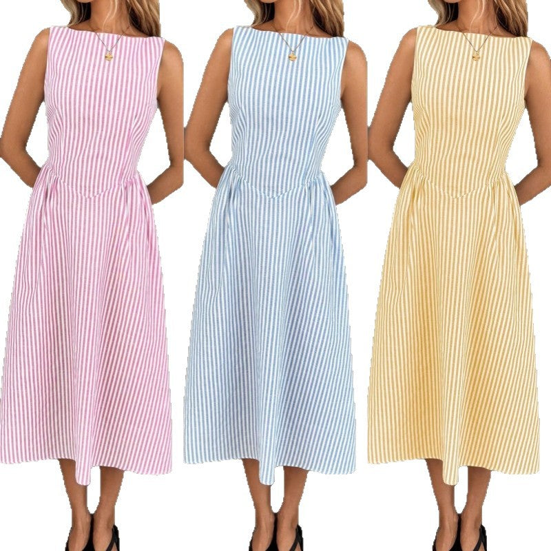 Midi dress for women with fine stripes and a fitted silhouette Lune London