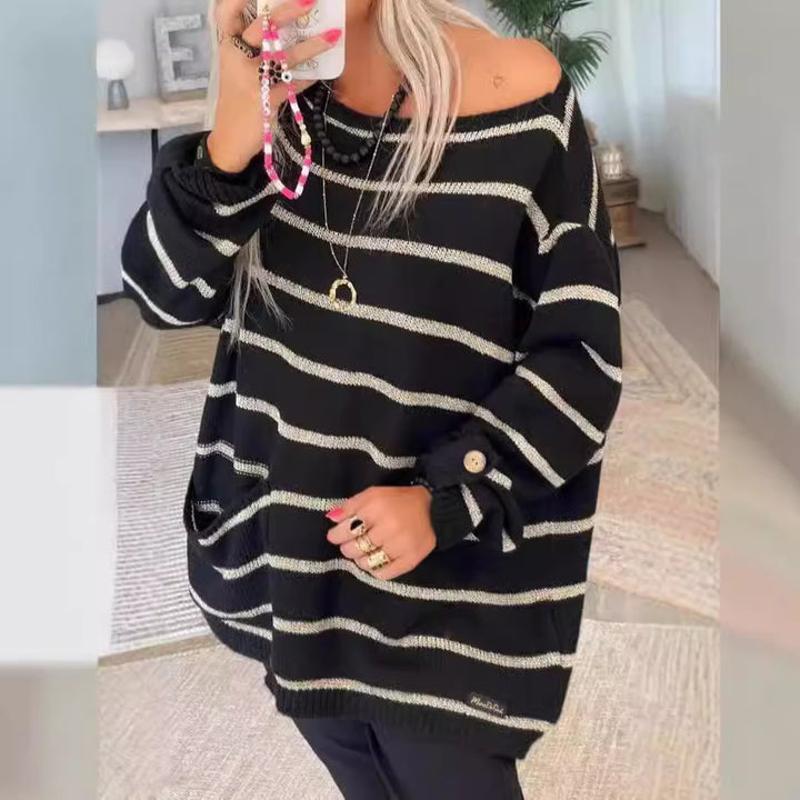 Oversized knit sweater for women with stylish stripes and practical pockets Lune London