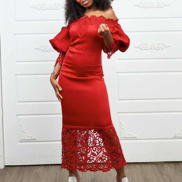 Maxi off-shoulder dress for women with lace accents and a flattering silhouette for Lune London
