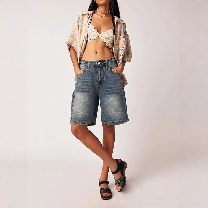 Women's casual denim shorts with high waist and wide cut Lune London