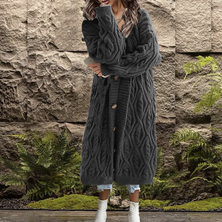 Ladies chunky knit wrap cardigan with trendy twist pattern and large buttons Lune Londonl
