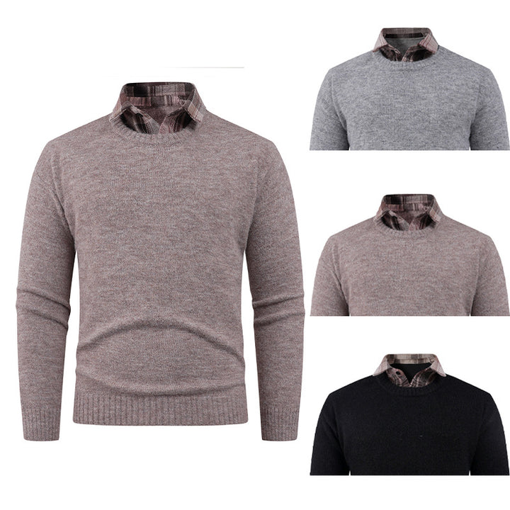 Men's Fine Crew Neck Sweater with Integrated Shirt Collar Lune London
