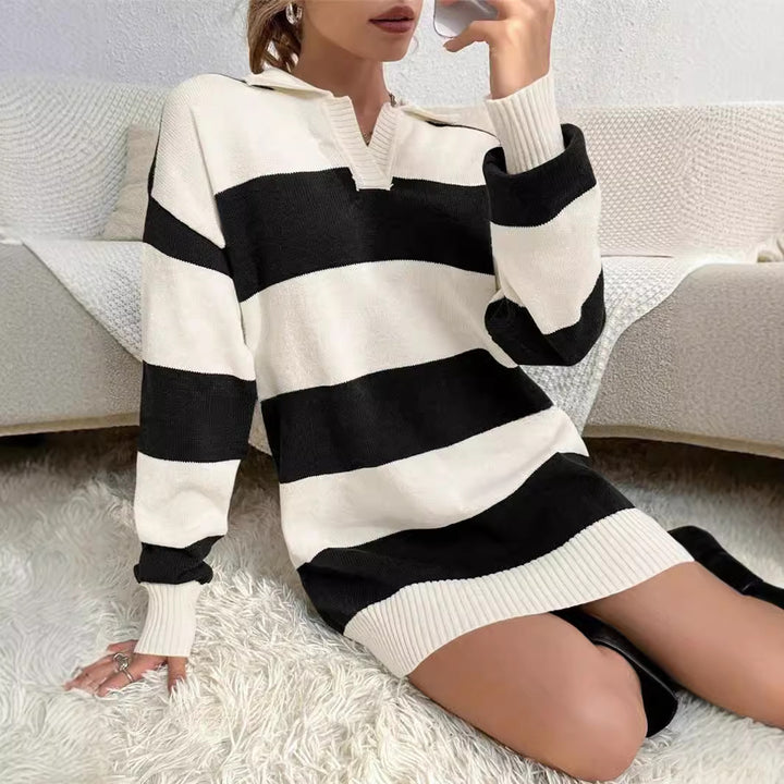 Sweater dress for women with modern striped pattern and detail-rich button placket Lune London