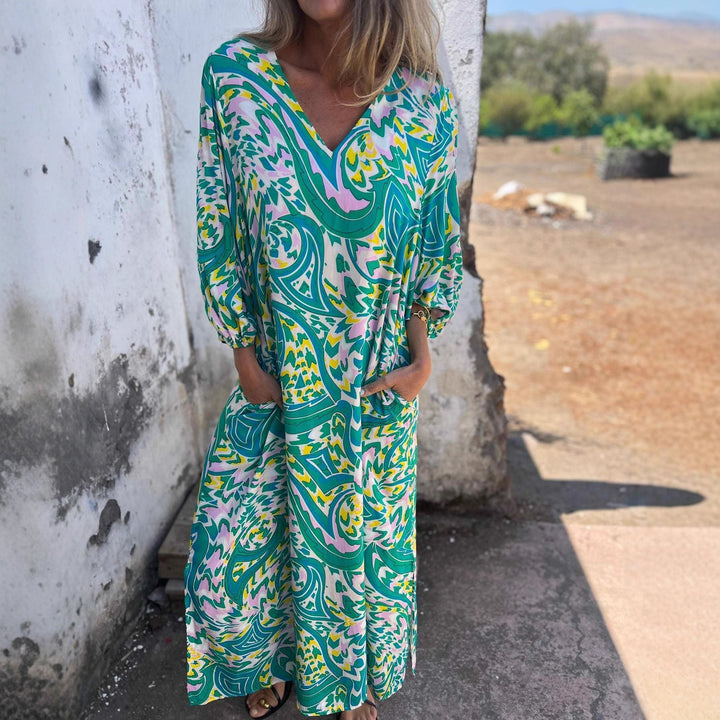 Maxi dress for women with deep V-neckline and casual balloon sleeves Lune London