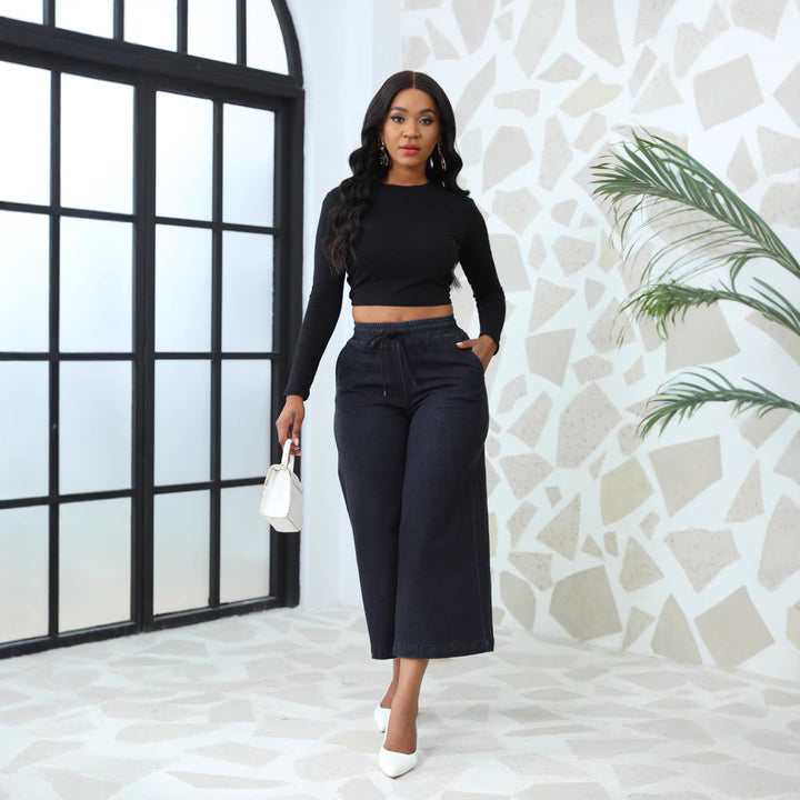 Loose denim pants for women with elastic waistband and drawstring Lune London