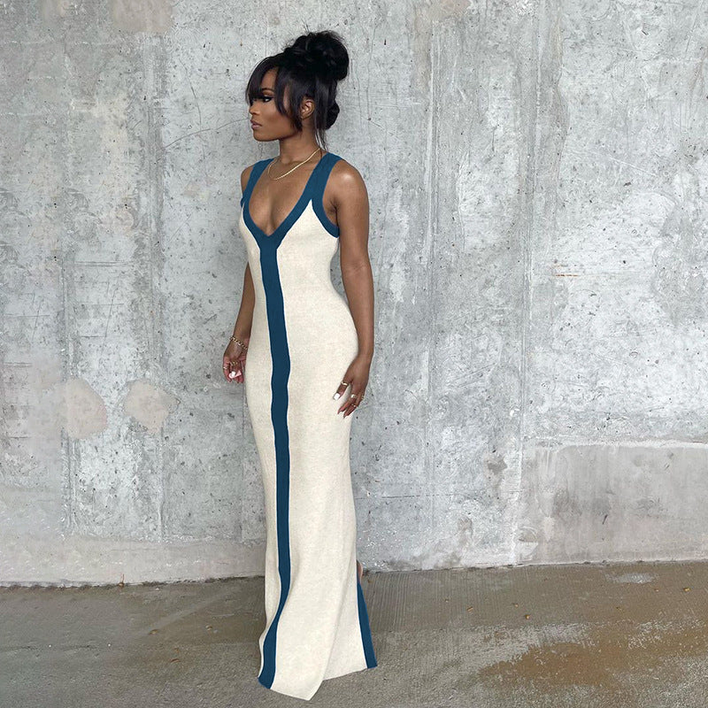 Elegant maxi dress for women with deep V-neck and contrasting stripe Lune London