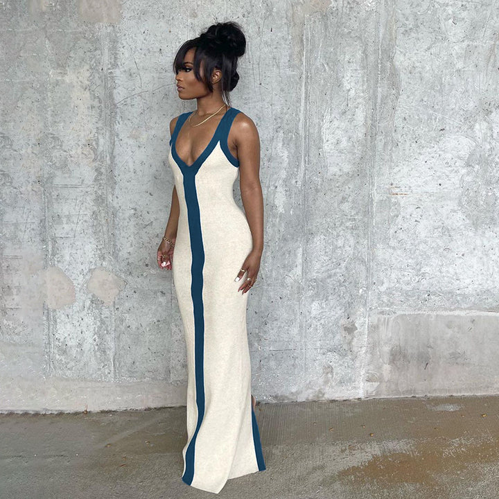 Elegant maxi dress for women with deep V-neck and contrasting stripe Lune London
