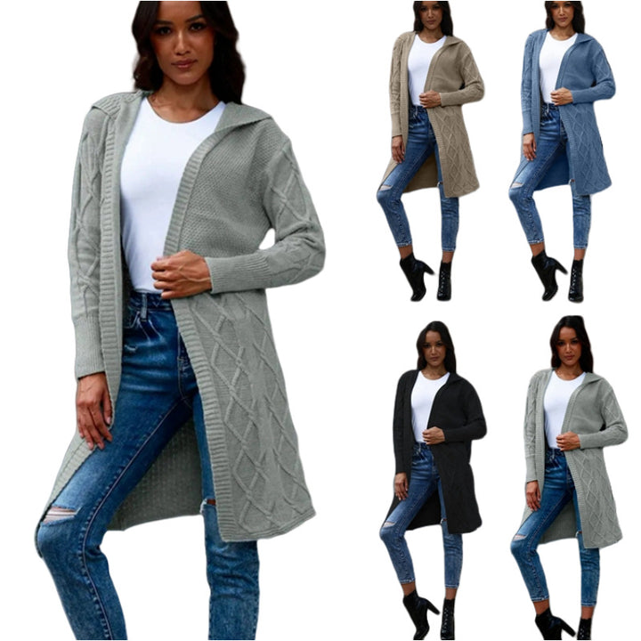 Knitted coat for women with hood and decorative braid design Lune London