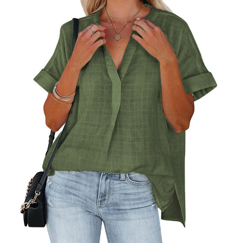 Casual short sleeve shirt for women with deep V-neck and rolled-up sleeves Lune London