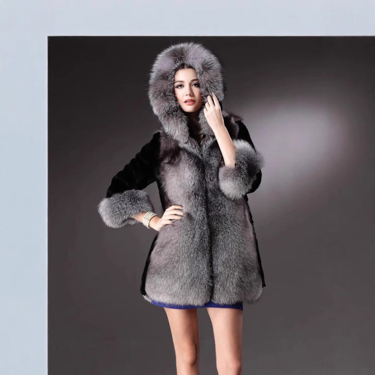 Luxury faux fur jacket for women with hood and decorative details Lune London