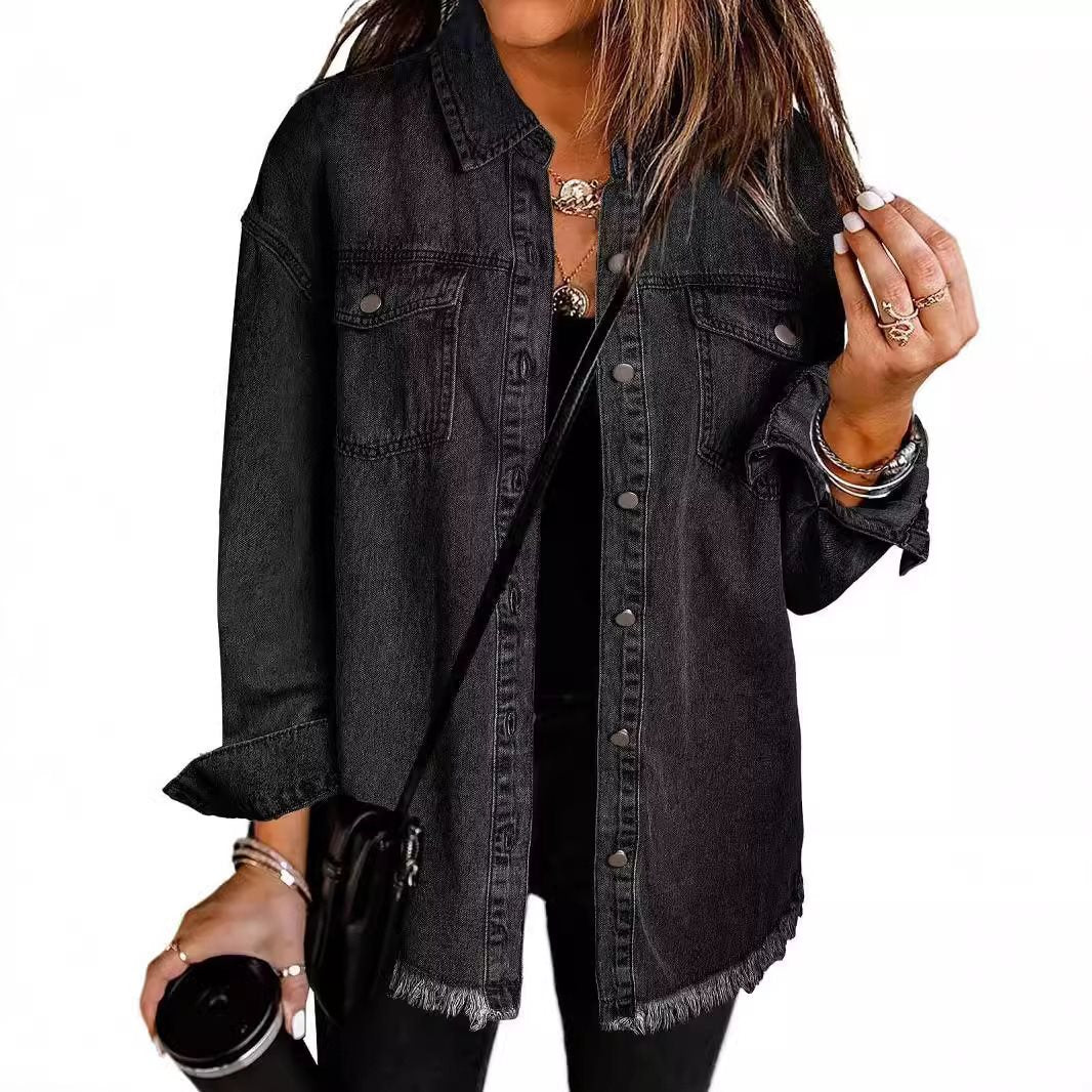 Casual denim jacket for women with frayed hems and patch pockets Lune London