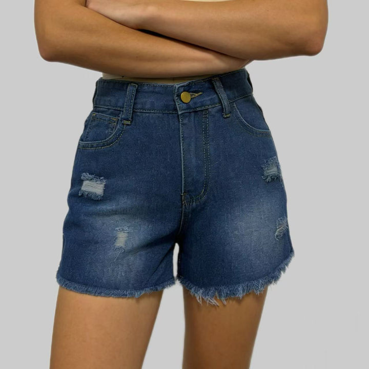 Ladies Designer Denim Shorts with Fringes and Frayed Hem Lune London