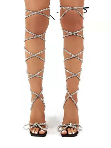 Women Glamour Sandals with shimmering strap design and transparent block heel Lune London