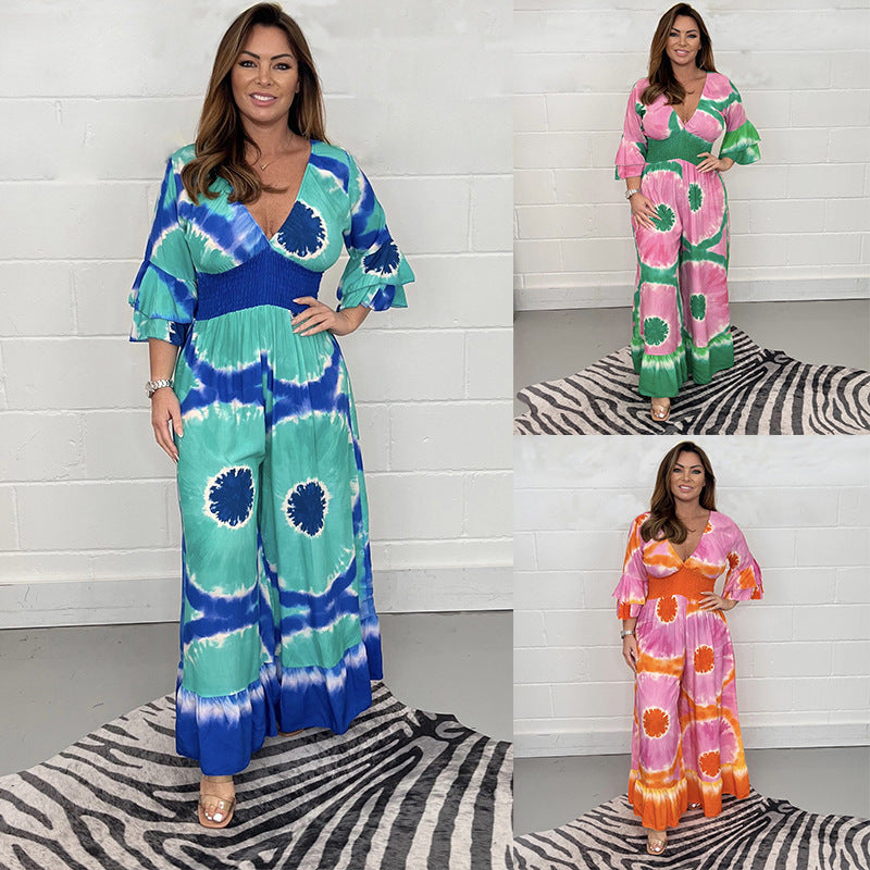 Ladies Elegant Maxi Dress with Floral Pattern and Deep V Neck Lune London