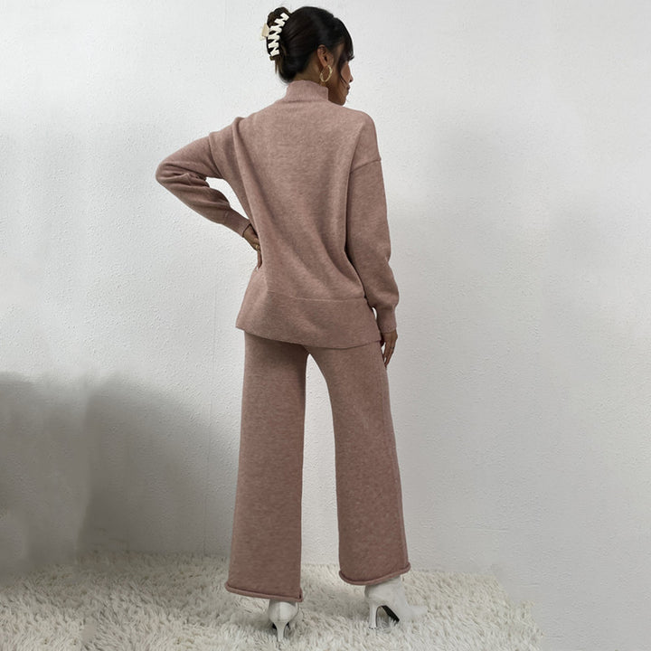 Elegant women's knit set with high collar and colorful pattern Lune London