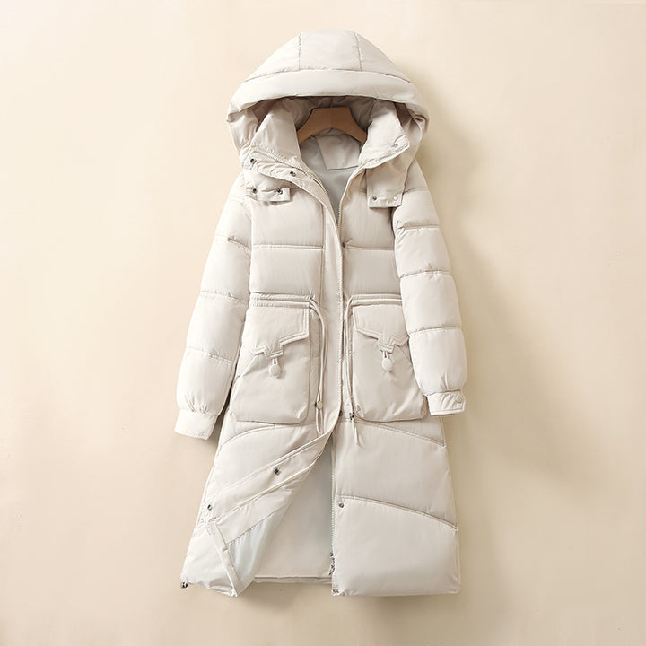 Ladies Long, warm down jacket with practical pockets and hood Lune London