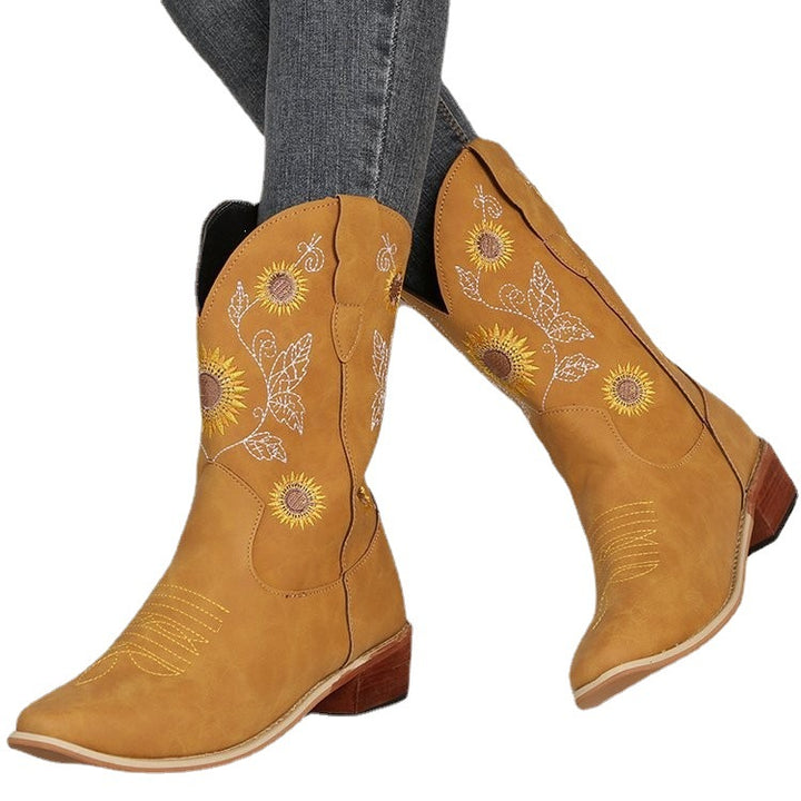 Women's cowboy boots with embroidered floral design and sturdy block heel Lune London