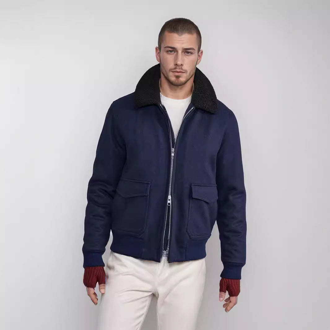Soft winter jacket for men with faux fur collar and patch pockets Lune London